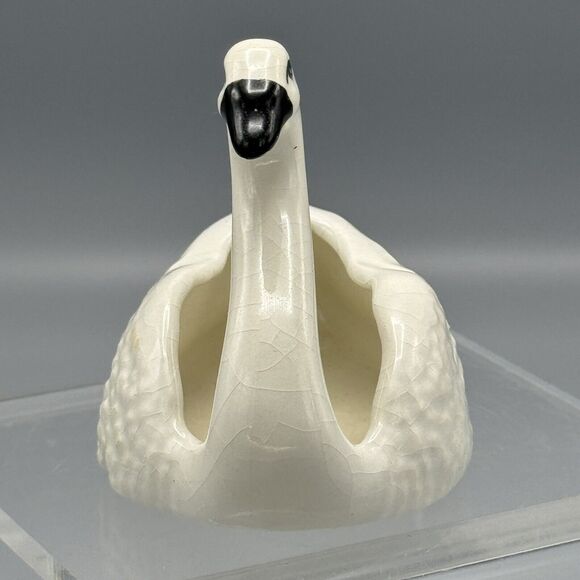 Vtg Small Swan Figurine Planter Black Beak '84 Stock Heaving Crazing 3" Birds - Picture 3 of 8